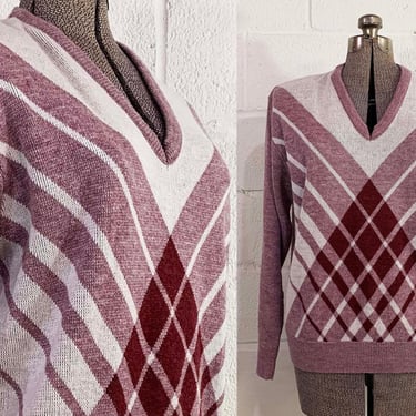 Vintage Pink Knit Sweater 1970s 1960s Slouchy Pullover Jumper Long Sleeved Oversized Pastel Hogan Argyle Unisex 70s 60s Large XL 