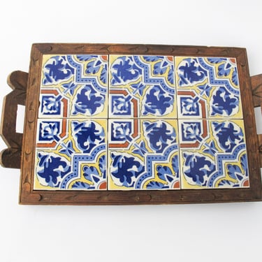 6 Tile Mexican Carved Wood Trivet (Blue, Yellow and White design) 