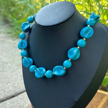 Vintage Teal Plastic Beaded Necklace Geometric Beads Retro Fashion Jewelry Gift 