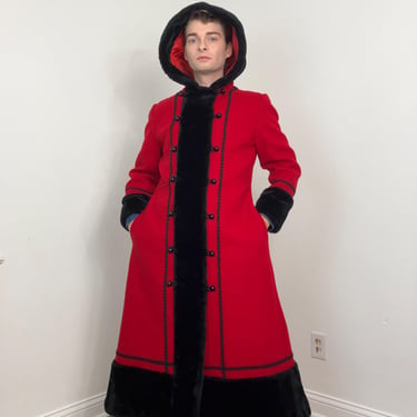 70s Sears red wool hooded Russian princess coat with faux fur hood / Jackie Burkhart 