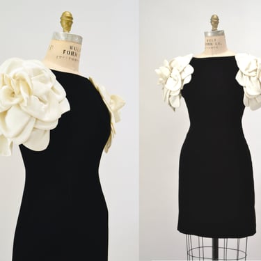 Vintage 80s 90s Party Dress Black Velvet Dress XS Small By Victor Costa Cream Flower Poof Sleeve 80s black Velvet Dress Cream Satin Flowers 
