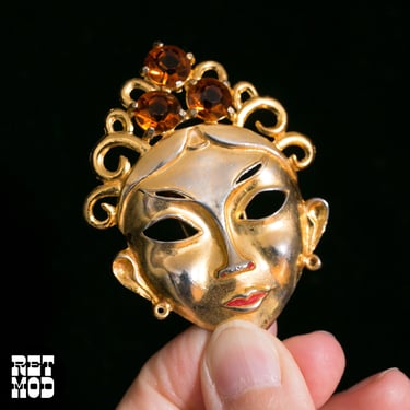 Fantastic Vintage Gold Thai Face Brooch with Rhinestones 