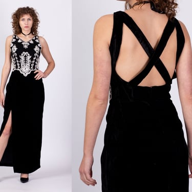90s Scott McClintock Velvet Cross Back Maxi Dress - Large | Vintage Black White Soutache Trim Sleeveless High Slit Dress 