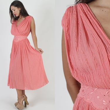 80s Salmon Color Grecian Wrap Dress / Thin Cotton Gauze Sundress / Sheer Floral Embroidered Waist / Toga Goddess Deep V Neck Midi 