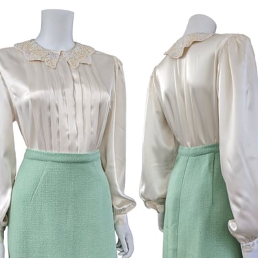Vintage Pleated Satin Blouse, Small / Beaded Collar Cocktail Blouse / Beige 1980s Button Blouse / Silky Dress Blouse 