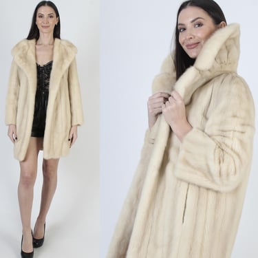 Blonde Mid Length Mink Coat, Large Notched Fur Under Collar, Womens Real Princess Jacket 