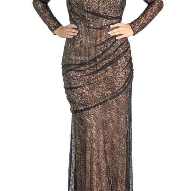 2000S Black  Nude Lace Sequined Gown Long Sleeve 