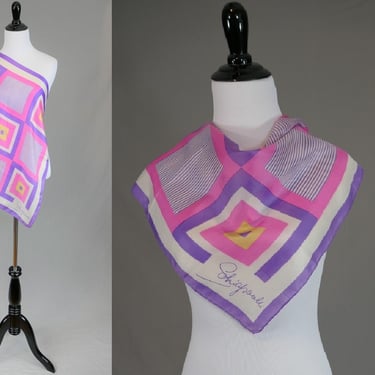 Vintage Silk Scarf Signed Schiaparelli - Pink Purple Yellow White Squares Stripes - Geometric Design - about 23
