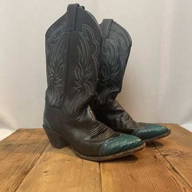 Cowboy Boots 1980s Vintage Black Teal Green Blue Justin 7 