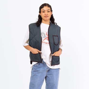 Vintage 80s Slate Blue Lightweight Quilted Puffer Vest - Men's Medium | Zip Up Retro Workwear Jacket 