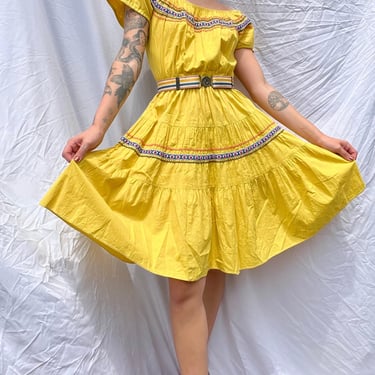 Vintage Patio Dress / Western Yellow Ric Rac Trim Dress / 50's Dress / Full Skirt Square Dance Dress / Country Western Nashville Dress 