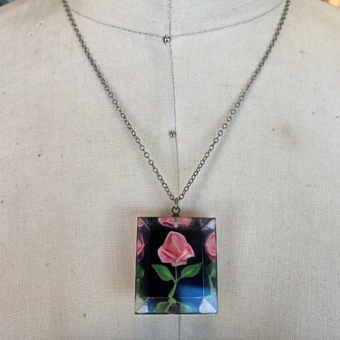 vintage reverse carved lucite flower pendant, rose necklace, 1940s 50s jewelry 