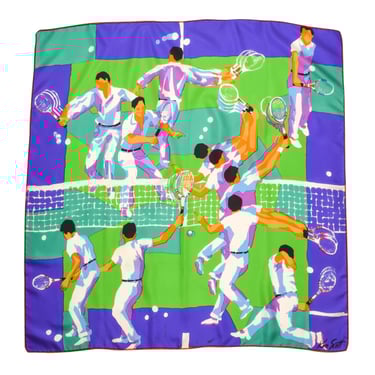Ken Scott Vintage 1970s Tennis Sport Theme Vivid Graphic Silk Scarf