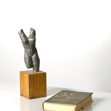 Vintage Mid Century Modern Brutalist Abstract Nude Female Torso Lead Sculpture on Wood Base 1960s 
