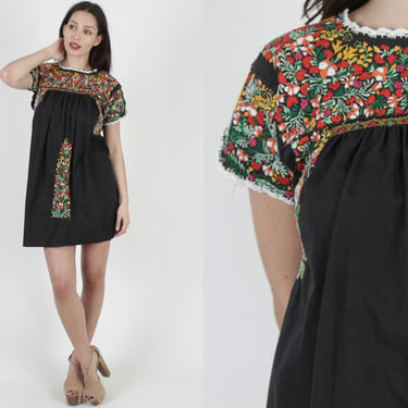 Black Oaxacan Mini Dress / Colorful Floral Mexican Embroidered Dress / Traditional San Antonio Style Vestido / Made In Mexico Frida Costume 