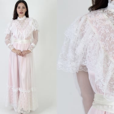 Southern Belle Victorian Lace Dress, Floral Sheer Sleeves, Vintage 70s Traditional Wedding Maxi Gown 