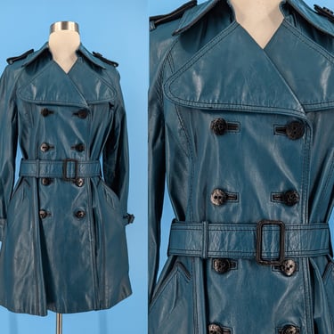 Vintage Seventies Blue Leather Belted Trench Coat - 70s Suburban Heritage Women's Small Leather Jacket 