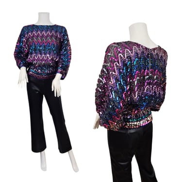 1980s Purple Pink Striped Sequin Blouson Top I Sz Lrg 