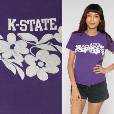 Kansas State Shirt 90s Purple Short Sleeve K STATE University Shirt Spirit Kansas College Hibiscus Floral Print 1990s Tee Vintage Small 