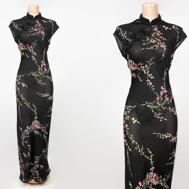 VINTAGE 90s Sheer Georgette Rose Floral Cheongsam Maxi Dress With Slip Dress Lining | 1990s Gothic Black Mandarin Collar Dress | VFG 