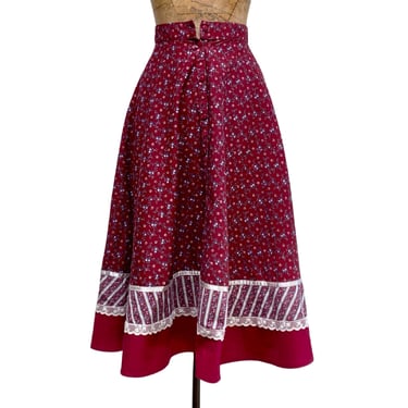 Vintage 1970s Gunnie's Cottagecore Skirt, Maroon Ditsy Print Peasant A Line Skirt, Extra Small 23