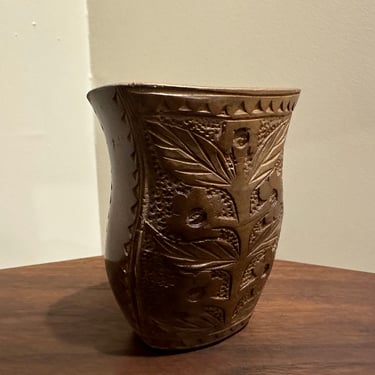 Handmade Intricately wood carved Yugoslavia Shepard Wedding Cup Walnut Midcentury 
