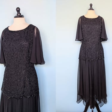 Vintage 80s Oleg Cassini Black Beaded Chiffon Evening Gown 