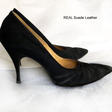 Vintage 1950s 1960s Black Suede High Heels Shoes, BABETTE, Mid Century, Stilettos, size 7, 7 1/2, Leather, Pinup style 