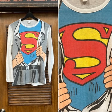 Vintage 1970’s Dated 1975 Superman DC Comics Clark Kent Glam Mod Long Sleeve Tee Shirt, 70’s T-Shirt, Vintage Clothing 