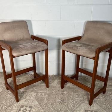 Pair Of Mid Century Modern Teak Bar Stools By D-Scan Counter Height 