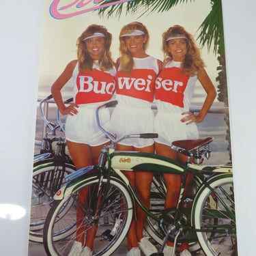 Vtg '87 BUDWEISER BEACH CRUISIN POSTER ART Ad Sign BEER GIRL PINUP Columbia Bike