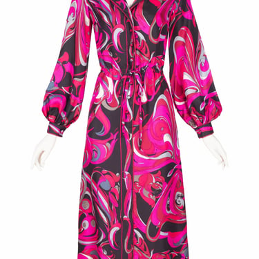 Emilio Pucci 1960s Vintage Pink Border Print Silk Twill Balloon Sleeve Maxi Dress Sz XS S 