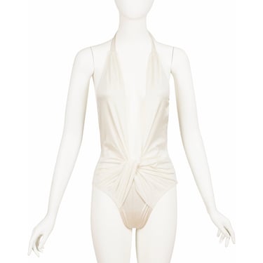 Yves Saint Laurent 1980s Vintage White Plunge Neck One-Piece Swimsuit 