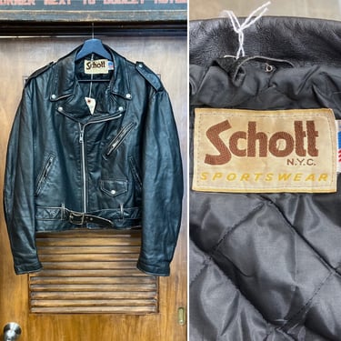 Vintage 1980’s Size L “Schott NYC” MC Black Motorcycle Biker Leather Jacket, 80’s Vintage Clothing 