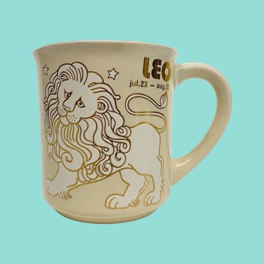 Vintage Leo Zodiac Mug Retro 1970s Mid Century Modern + Astrology + Lion + July/Aug Birthday + Cream Ceramic + white + Gold + Made in Japan 