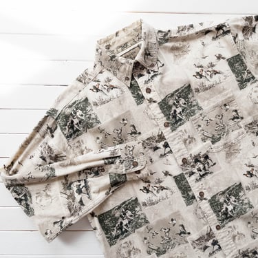 hunting scene shirt | 90s vintage cream green dog duck hunt novelty print flannel dark academia long sleeve blouse 