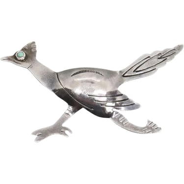 1940's Vintage Native American Indian Southwest Sterling Silver and Turquoise Roadrunner Bird Brooch Pin 