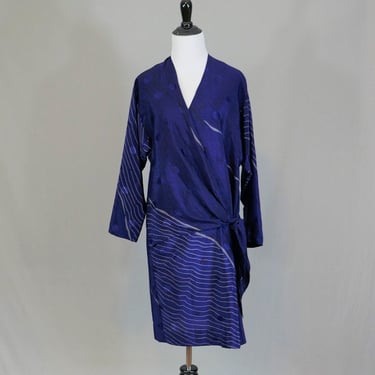 70s 80s Faux Wrap Dress - Blue w/ Silver and Black Lines, Big Dots - Side Hip Tie - R&K Petites - Vintage 1970s 1980s - S 