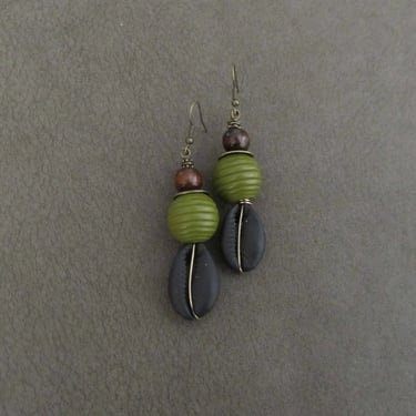 Cowrie shell earrings, black and green earrings, Afrocentric earrings, African tribal earrings, bold statement earrings, chunky earrings 