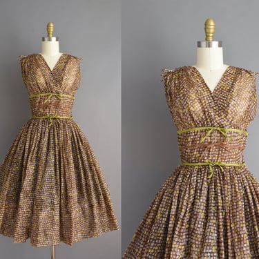 Vintage 1950s Justin McCarty Chartreuse & Brown Dress | XS 