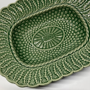 Bordallo Pinheiro basketweave Embossed Serving Bowl ~French Country Dining Decor~Green Vine floral Kitchen ~Majolica Portugal 