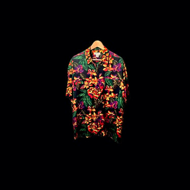 Silk Floral Shirt, Hawaiian Print Silk Top, Vintage 90s Oversized Short Sleeve Button Down Collared Shirt, Black Floral Pattern Oxford 