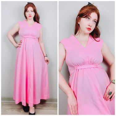 1970s Vintage Pink Empire Waist Maxi Dress / 70s / Seventies Poly Knit Sleeveless Floor Length Gown / Size Small - Medium 