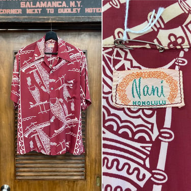 Vintage 1940’s “Nani” Atomic Tiki Border Print Rayon Hawaiian Shirt, 40’s Loop Collar, Vintage Clothing 