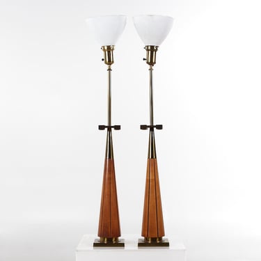 Stiffel Mid Century Walnut and Brass Lamps - Pair - mcm 