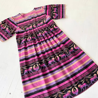 1980s Purple Striped + Eagle and Lion Print Dress 