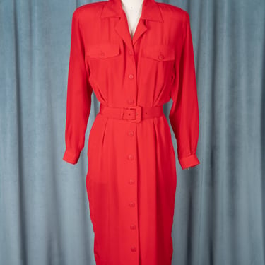 Vintage 1980s Liz Claiborne 100% Silk Vibrant Red Button Front Dress with Shoulder Pads and Belt 