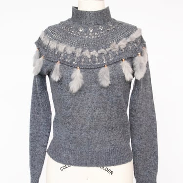 1980s Sweater Rabbit Trimmed Cropped Knit S 