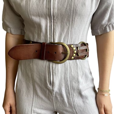Vintage Womens Linea Pelle Collection Brown Leather Brass Buckle Hippie Belt M 