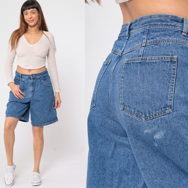 90s Jean Shorts Pleated Denim Shorts Retro High Waisted Mom Shorts Mid Length Blue Streetwear Vintage 1990s Large 